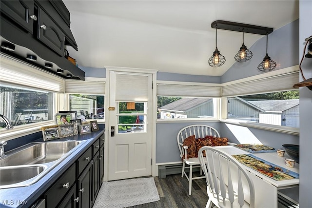 kitchen featuring lofted ceiling, a healthy amount of sunlight, dark cabinetry, and a sink