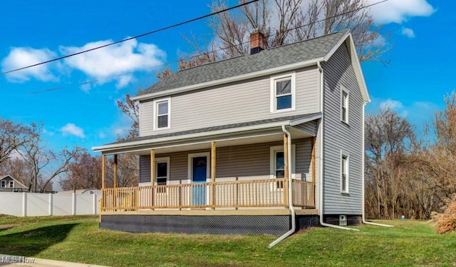 view of front of house with a shingled roof, a chimney, fence, a porch, and a front yard