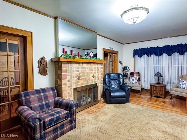 living area featuring ornamental molding and a fireplace