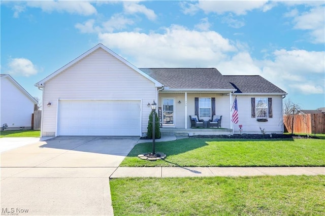 ranch-style home with an attached garage, covered porch, a front lawn, and concrete driveway