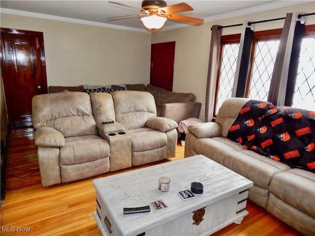 living room featuring crown molding, light wood finished floors, and ceiling fan