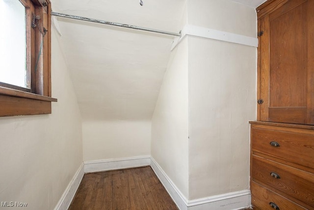 spacious closet with lofted ceiling and wood finished floors