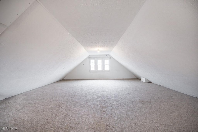 additional living space with lofted ceiling, carpet flooring, and a textured ceiling