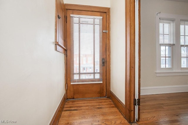 doorway featuring a wealth of natural light, baseboards, and wood finished floors