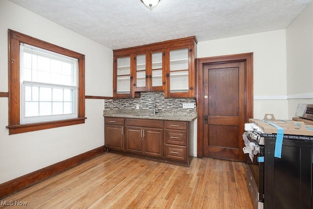 kitchen with stainless steel stove, a sink, light wood-style floors, decorative backsplash, and glass insert cabinets