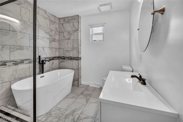 full bath with a textured ceiling, toilet, visible vents, a freestanding bath, and marble finish floor