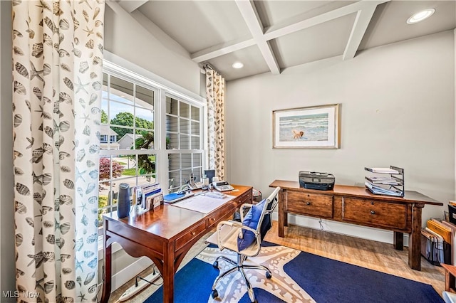 office space with recessed lighting, coffered ceiling, wood finished floors, and beamed ceiling