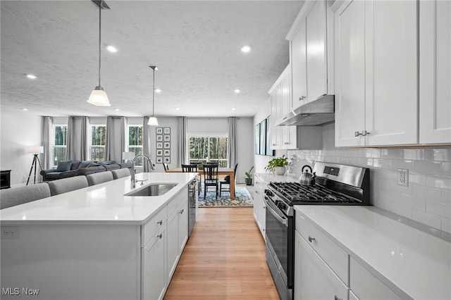 kitchen with stainless steel appliances, light countertops, light wood-style flooring, a sink, and under cabinet range hood