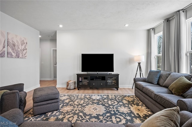 living room with a textured ceiling, baseboards, wood finished floors, and recessed lighting