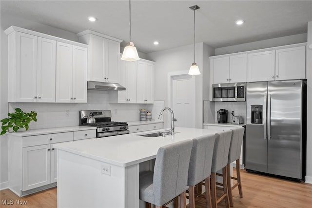 kitchen with stainless steel appliances, a sink, under cabinet range hood, and light wood-style flooring