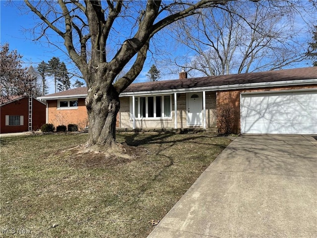 single story home with a garage, driveway, brick siding, and a chimney