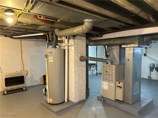 unfinished basement featuring heating unit and water heater