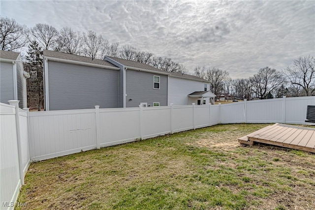 view of yard featuring a fenced backyard and a wooden deck