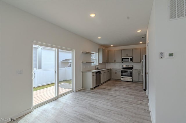 kitchen with visible vents, backsplash, gray cabinetry, appliances with stainless steel finishes, and a sink