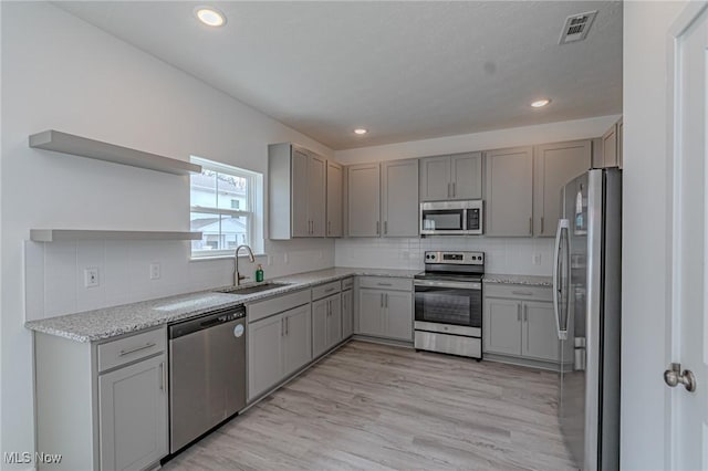 kitchen with stainless steel appliances, a sink, light wood-type flooring, gray cabinets, and open shelves