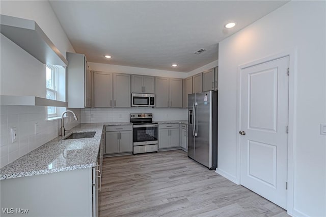 kitchen with appliances with stainless steel finishes, gray cabinets, a sink, and decorative backsplash