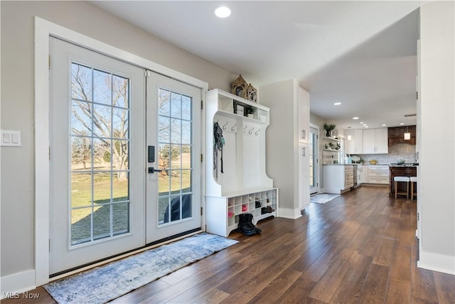 mudroom featuring recessed lighting, french doors, baseboards, and dark wood-style flooring