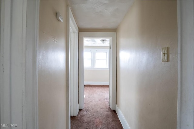 hall featuring carpet floors and baseboards