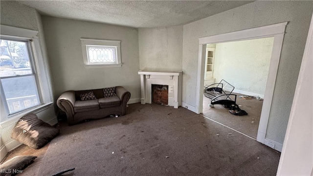 living room featuring a textured ceiling, carpet floors, and a fireplace