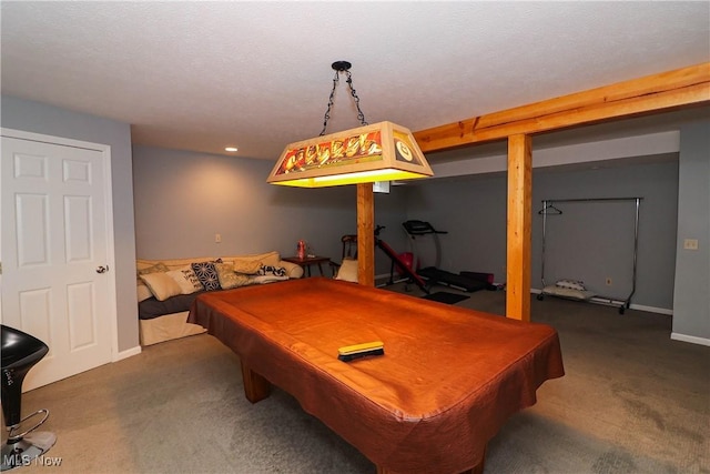 recreation room with billiards, baseboards, and carpet flooring