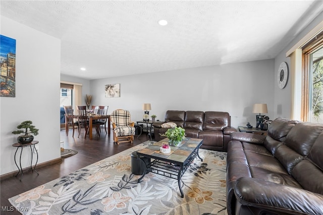 living room with a textured ceiling, baseboards, wood finished floors, and recessed lighting