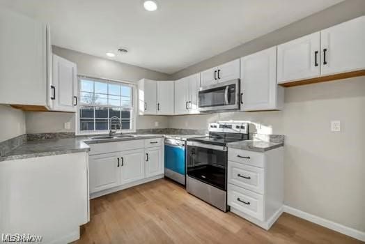 kitchen featuring a sink, baseboards, light wood-style floors, white cabinets, and appliances with stainless steel finishes