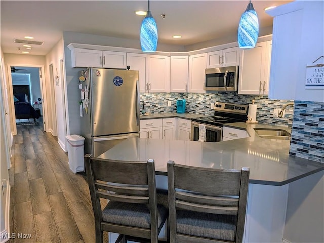 2568 S Waterside Ct Unit 211, Lakeside-Marblehead, OH 43440 - kitchen featuring stainless steel appliances, a sink, white cabinets, dark wood finished floors, and a peninsula