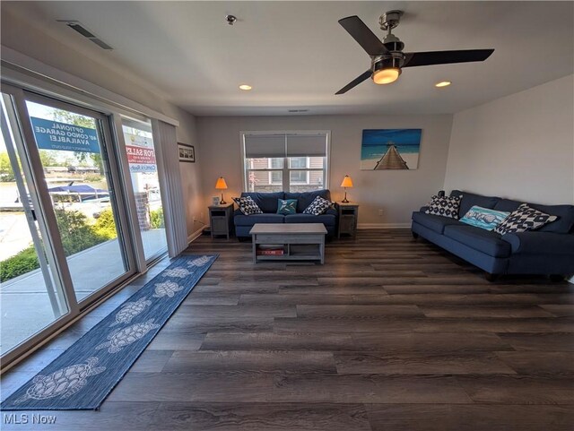 2568 S Waterside Ct Unit 211, Lakeside-Marblehead, OH 43440 - living area with dark wood-type flooring, baseboards, recessed lighting, and a ceiling fan