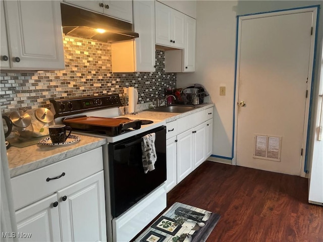 kitchen with under cabinet range hood, a sink, visible vents, light countertops, and electric range oven