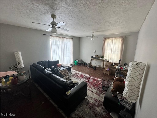 living area with a textured ceiling, ceiling fan, plenty of natural light, and wood finished floors