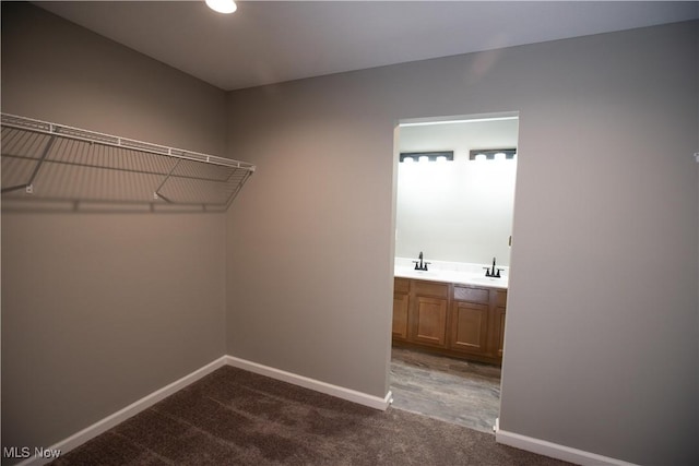 spacious closet featuring dark carpet and a sink