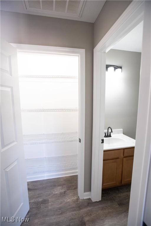 bathroom with wood finished floors and vanity