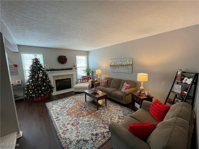 living area featuring wood finished floors, a textured ceiling, and a premium fireplace