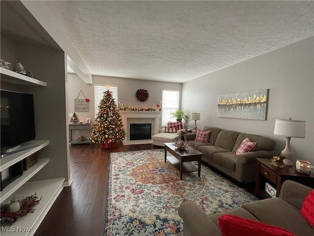 living room with a glass covered fireplace, a textured ceiling, and wood finished floors