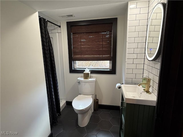 full bathroom with tile patterned flooring, a shower with curtain, visible vents, and toilet