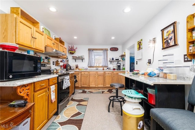 kitchen featuring black microwave, recessed lighting, under cabinet range hood, open shelves, and stainless steel range with electric stovetop