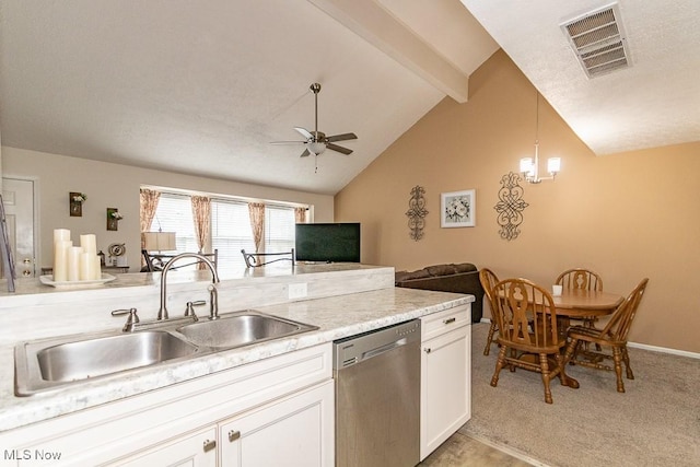 kitchen with visible vents, light colored carpet, lofted ceiling with beams, stainless steel dishwasher, and a sink