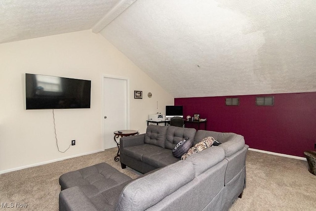 living room with carpet, vaulted ceiling with beams, a textured ceiling, and baseboards