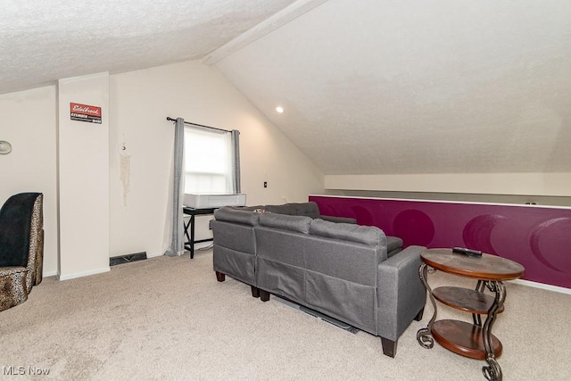 living area featuring lofted ceiling, carpet flooring, a textured ceiling, and baseboards