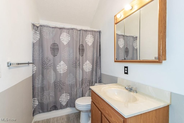 bathroom with curtained shower, vanity, and toilet