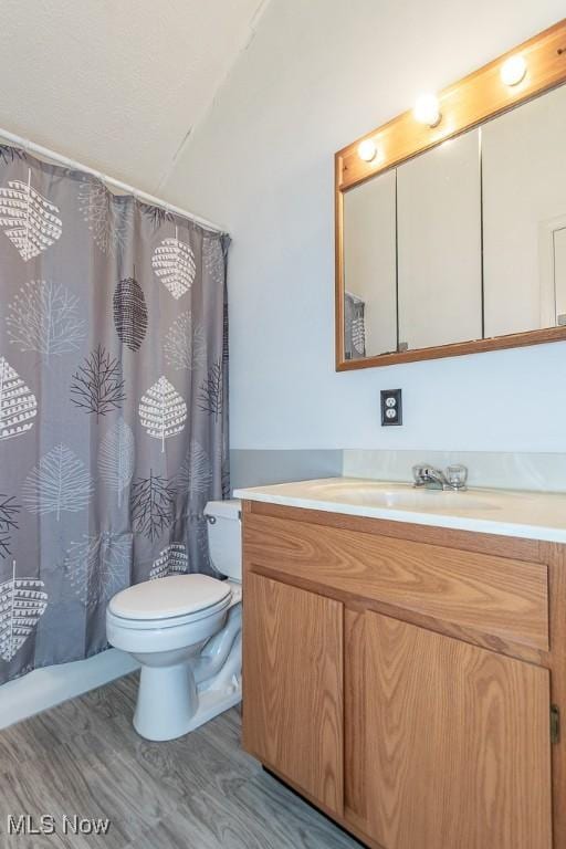 bathroom featuring toilet, curtained shower, and vanity