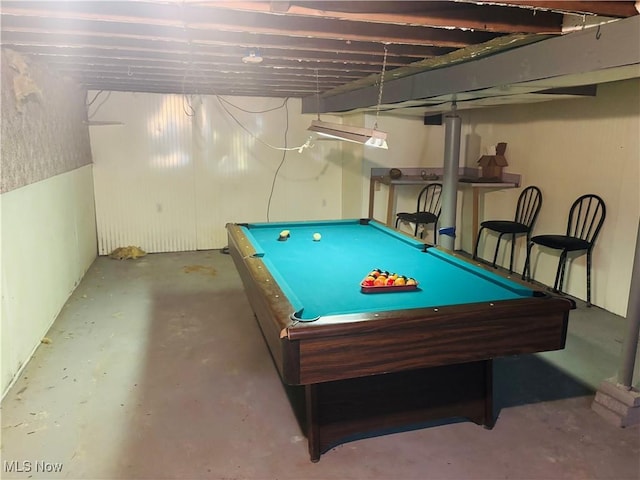 recreation room featuring billiards and unfinished concrete floors