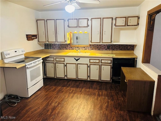 kitchen featuring dark wood-style flooring, a sink, decorative backsplash, and white electric range oven