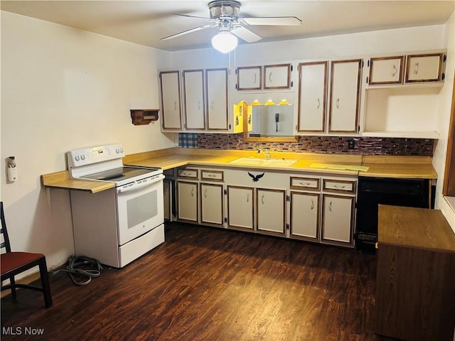 kitchen featuring electric range, a sink, dishwasher, tasteful backsplash, and dark wood finished floors