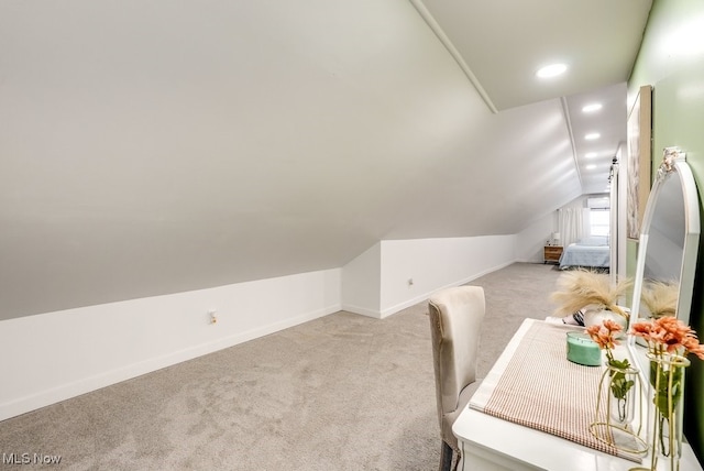 carpeted office featuring recessed lighting, vaulted ceiling, and baseboards