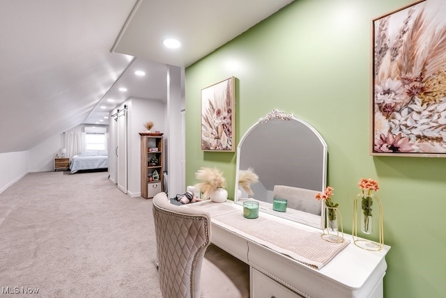 carpeted office featuring vaulted ceiling, baseboards, and recessed lighting