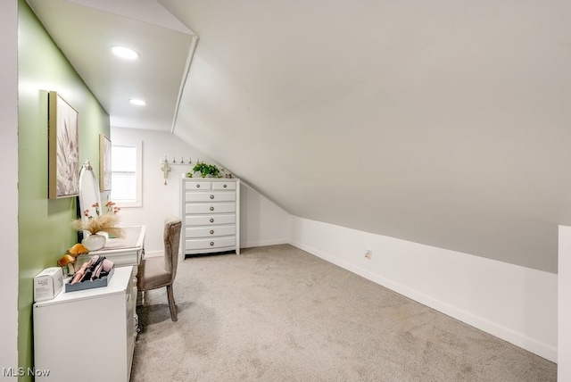 office with lofted ceiling, light carpet, baseboards, and recessed lighting