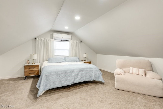 carpeted bedroom featuring recessed lighting, an AC wall unit, vaulted ceiling, and baseboards