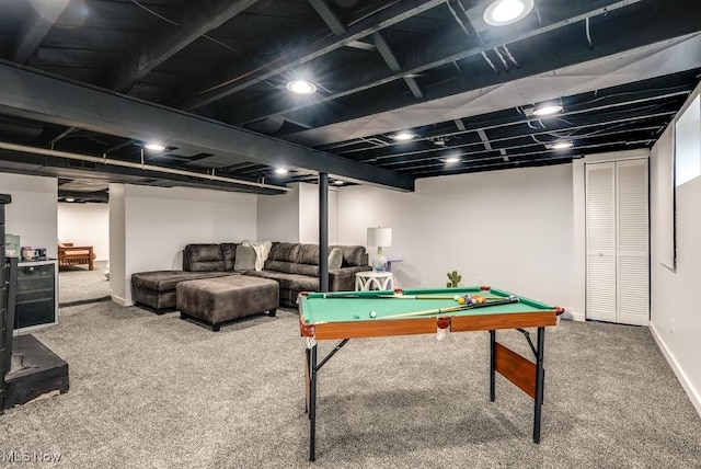 recreation room featuring billiards, carpet flooring, and baseboards