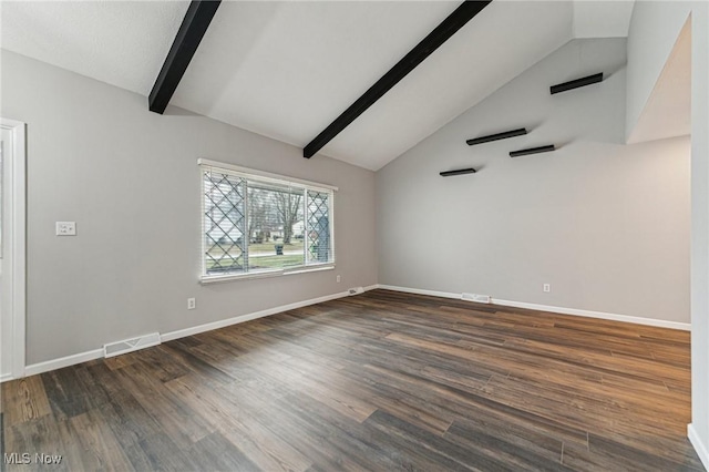 unfurnished room with baseboards, visible vents, dark wood-type flooring, and beamed ceiling